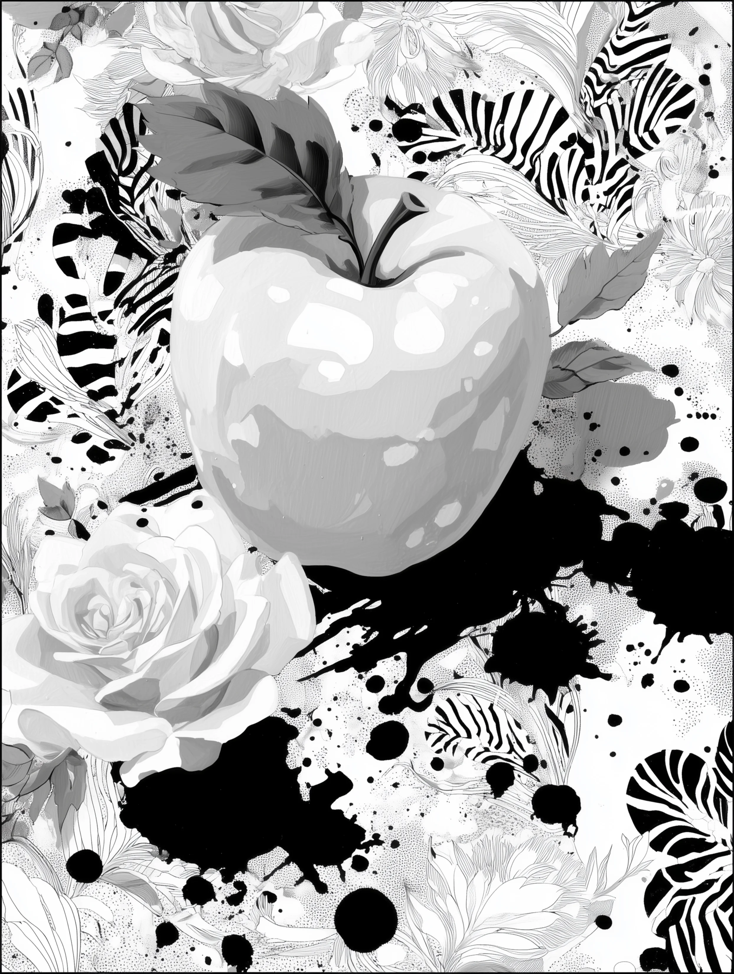 Free printable apple coloring page for adults featuring splotches and apple
